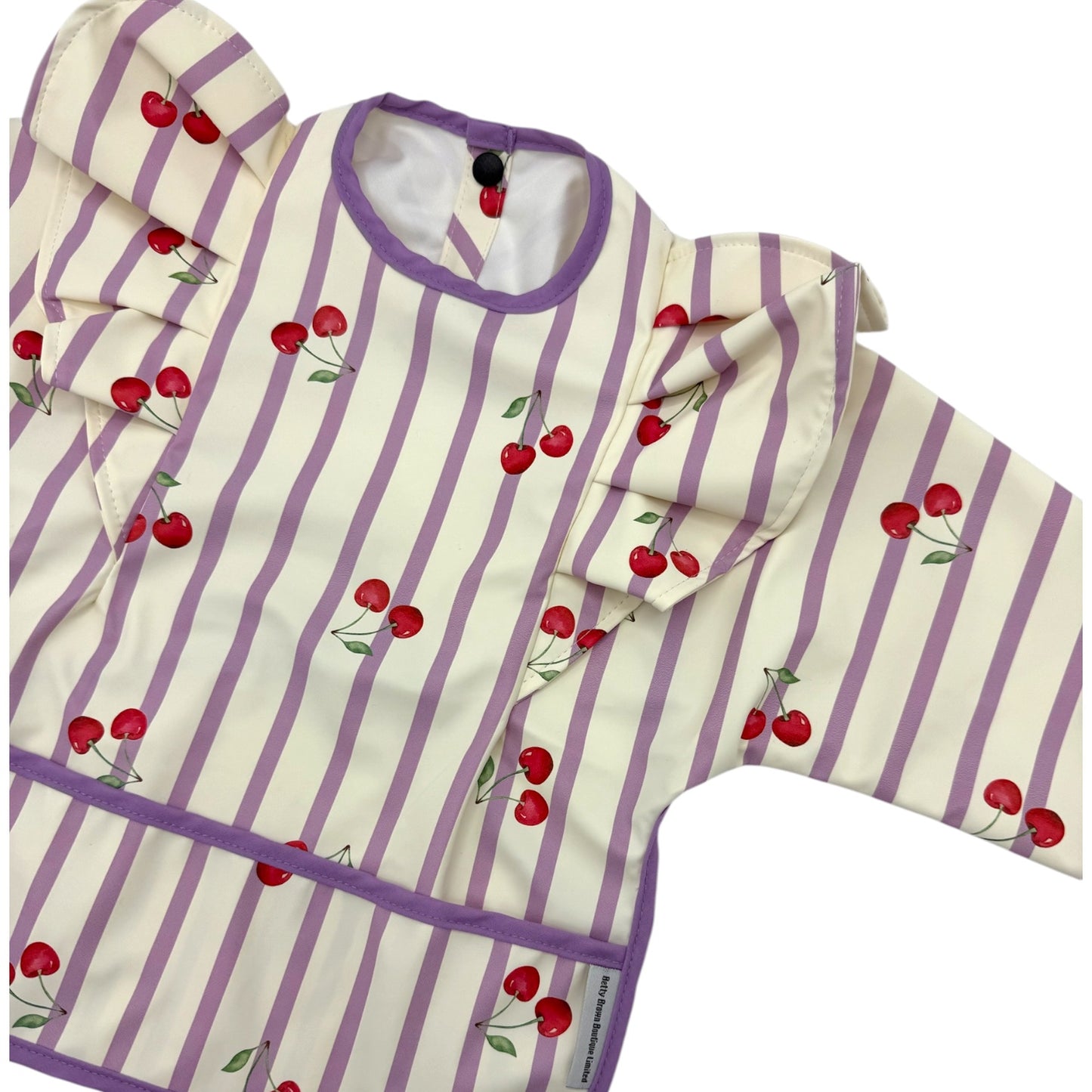 Lilac Pinstripe Cherry Print Frill Detailed Waterproof Weaning Bib with Sleeves