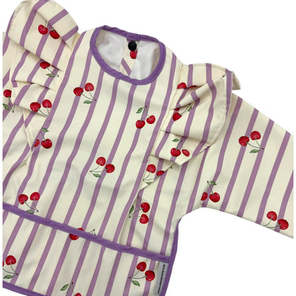 Lilac Pinstripe Cherry Print Frill Detailed Waterproof Weaning Bib with Sleeves