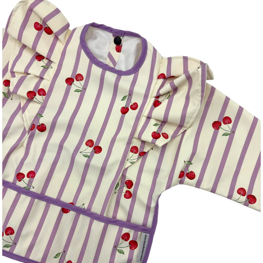 Lilac Pinstripe Cherry Print Frill Detailed Waterproof Weaning Bib with Sleeves