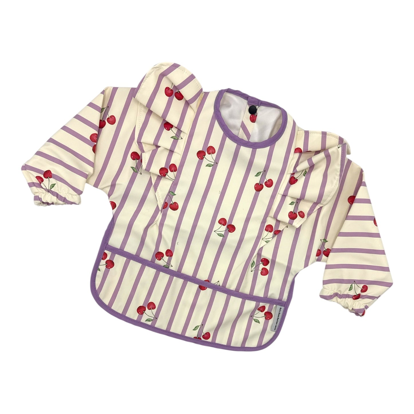 Lilac Pinstripe Cherry Print Frill Detailed Waterproof Weaning Bib with Sleeves