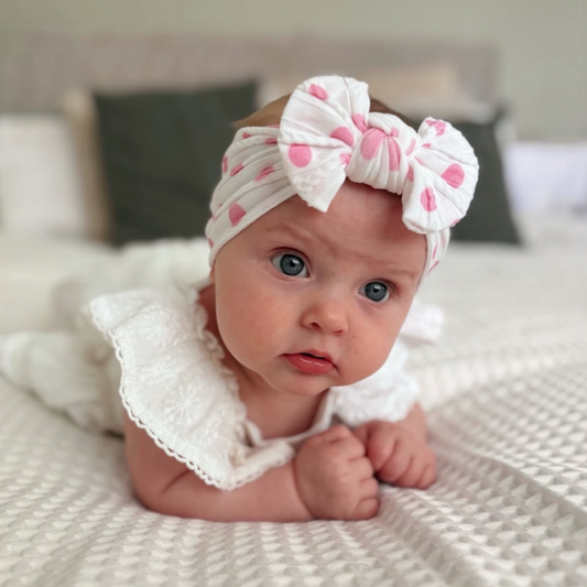 Pink Polkadot Pattern Smaller Bow Cable Knit Headband