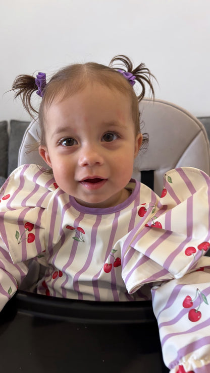 Lilac Pinstripe Cherry Print Frill Detailed Waterproof Weaning Bib with Sleeves