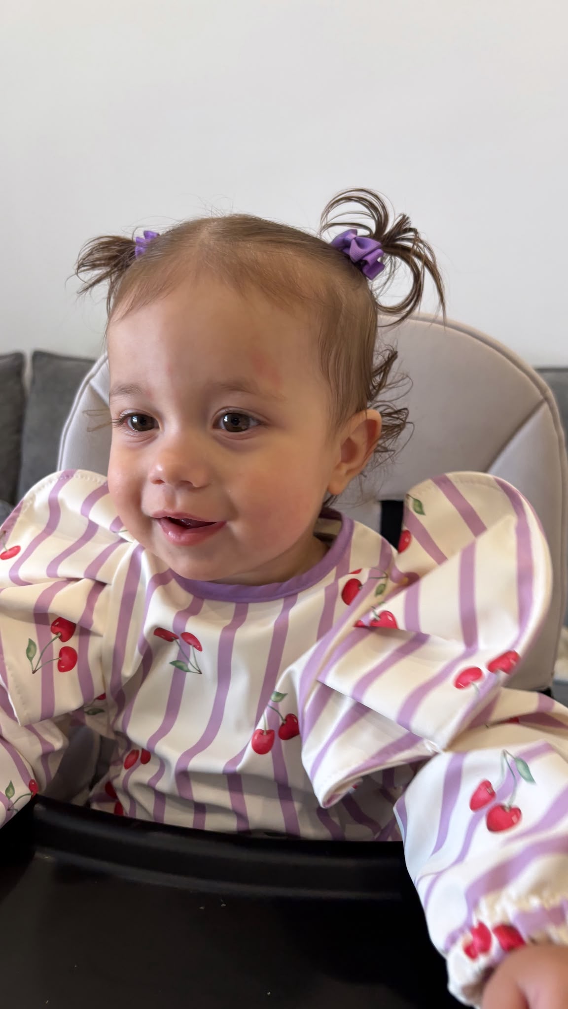 Lilac Pinstripe Cherry Print Frill Detailed Waterproof Weaning Bib with Sleeves
