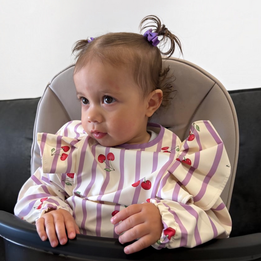 Lilac Pinstripe Cherry Print Frill Detailed Waterproof Weaning Bib with Sleeves