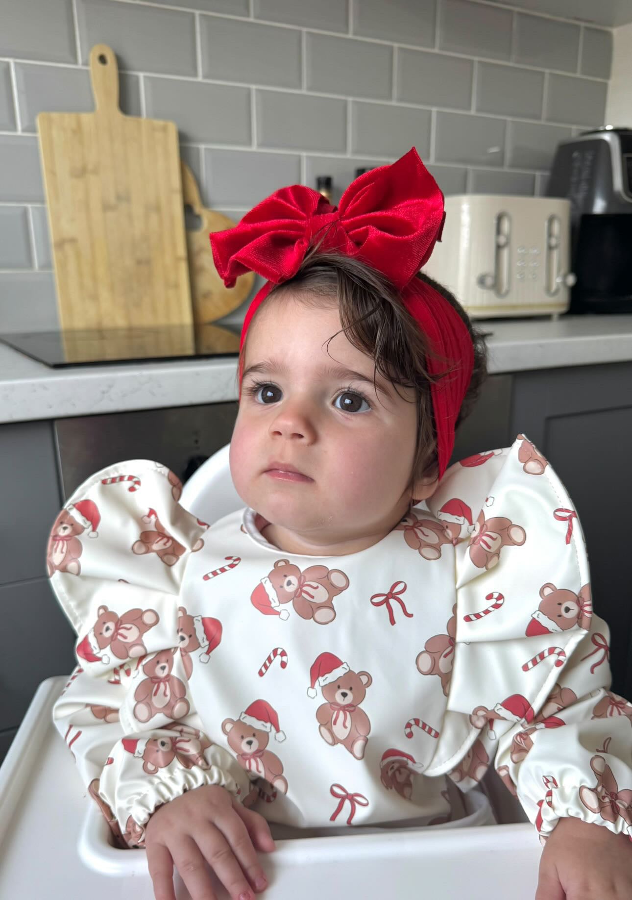 Teddy Bear Christmas Pattern Frill Detailed Waterproof Bib with Sleeves - 2025