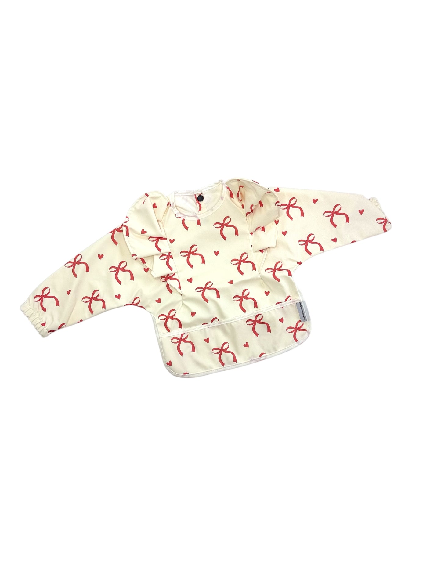 Red and Cream Bow Christmas Pattern Frill Detailed Waterproof Bib with Sleeves - 2025