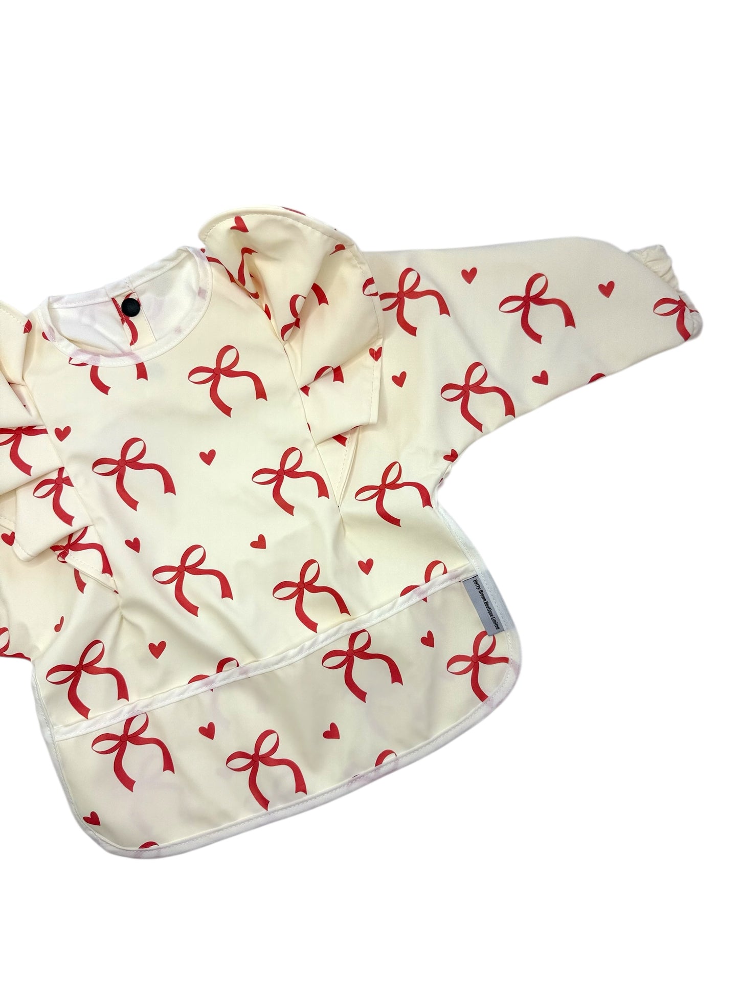 Red and Cream Bow Christmas Pattern Frill Detailed Waterproof Bib with Sleeves - 2025