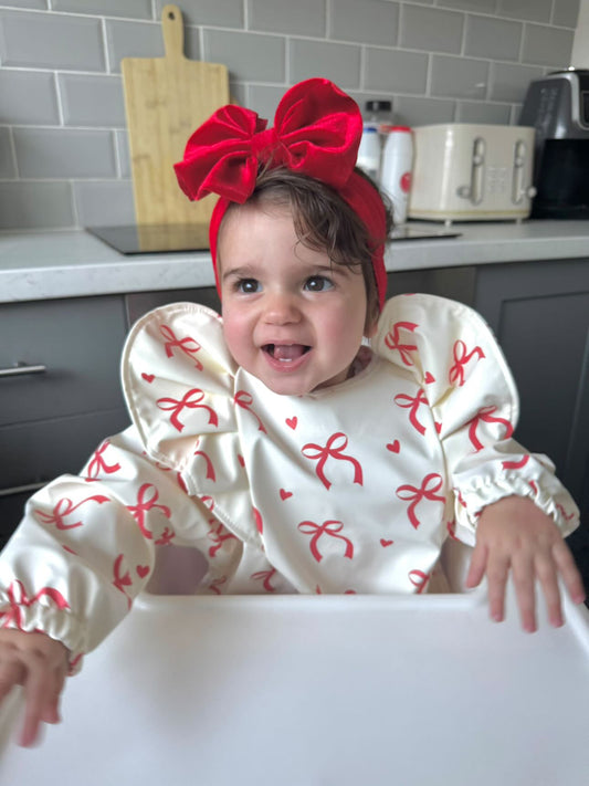 Red and Cream Bow Christmas Pattern Frill Detailed Waterproof Bib with Sleeves - 2025