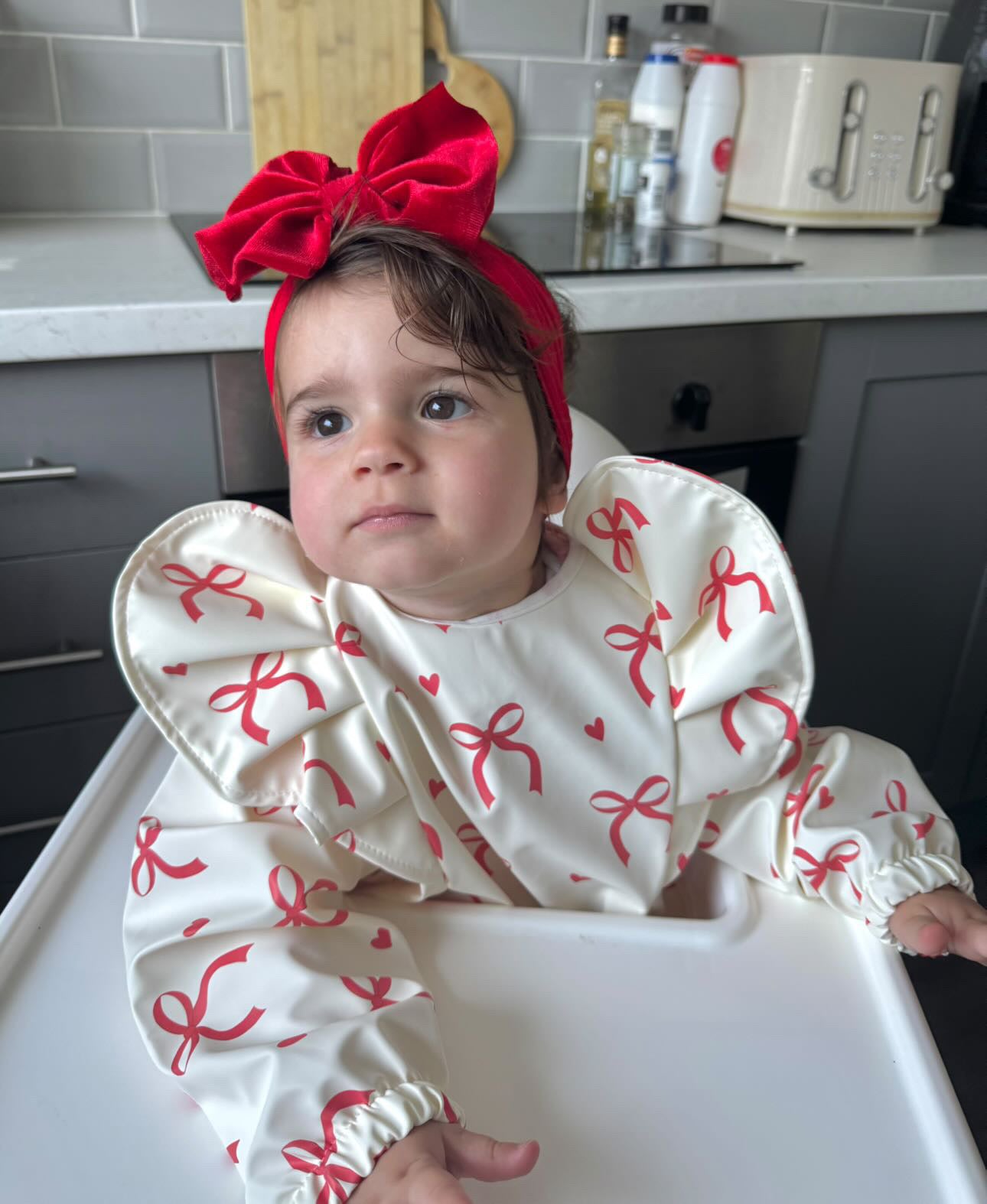 Red and Cream Bow Christmas Pattern Frill Detailed Waterproof Bib with Sleeves - 2025
