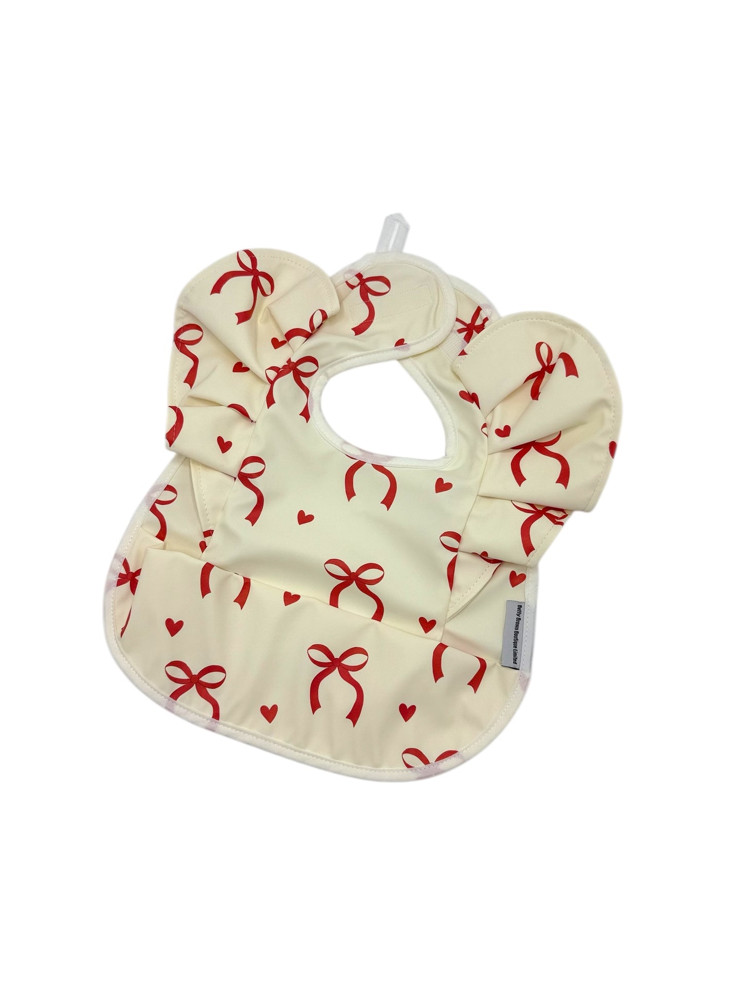 Cream and Red Bow Pattern Frill Detailed Waterproof Bib - 2025 Christmas Collection