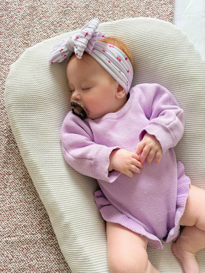 Lilac Pinstripe Cherry Pattern Larger Bow Cable Knit Headband