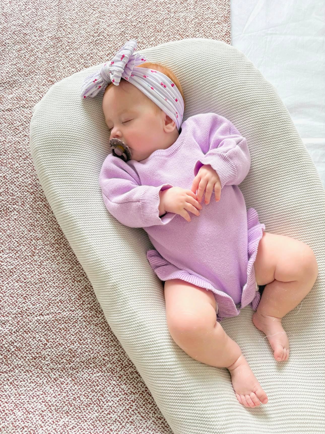 Lilac Pinstripe Cherry Pattern Larger Bow Cable Knit Headband