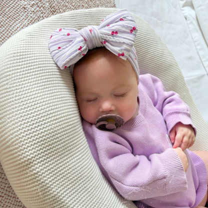 Lilac Pinstripe Cherry Pattern Larger Bow Cable Knit Headband