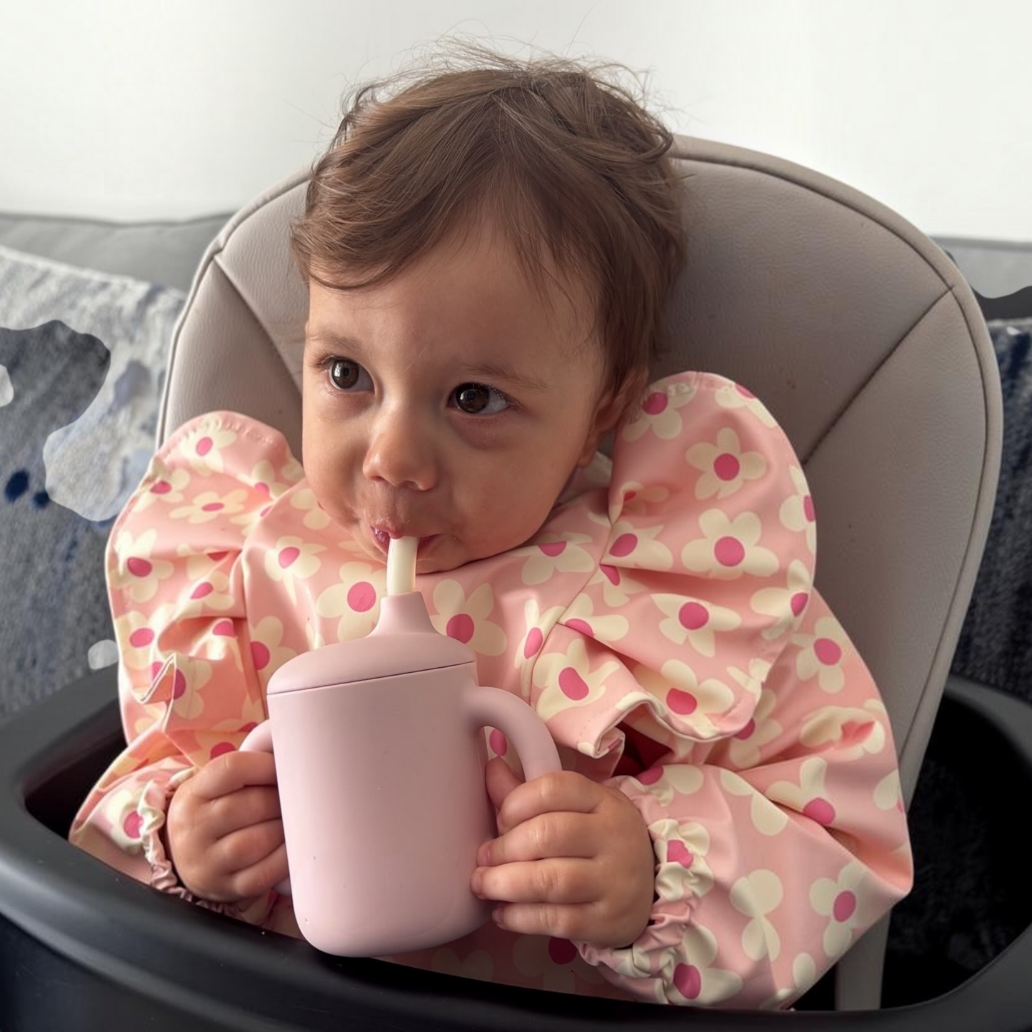 Pretty Pink Daisy Print Frill Detailed Waterproof Weaning Bib with Sleeves