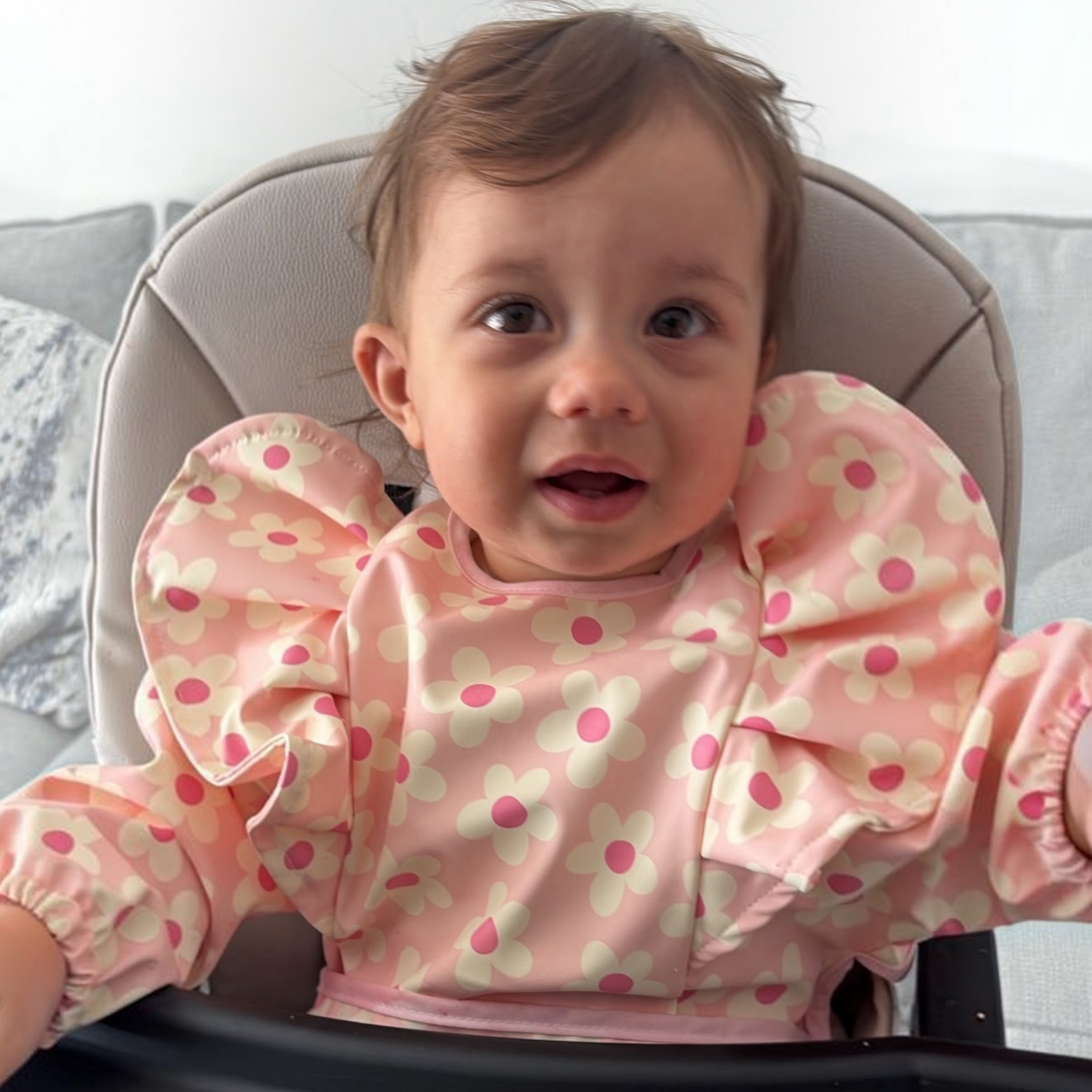 Pretty Pink Daisy Print Frill Detailed Waterproof Weaning Bib with Sleeves