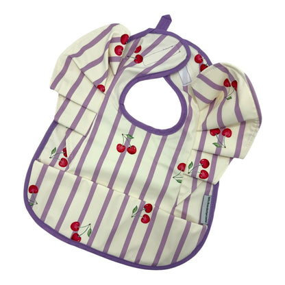Lilac Pinstripe Cherry Pattern Frill Detailed Waterproof Weaning Bib