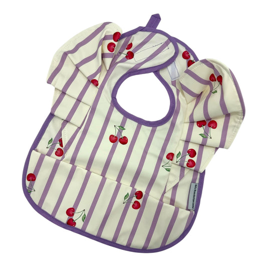 Lilac Pinstripe Cherry Pattern Frill Detailed Waterproof Weaning Bib