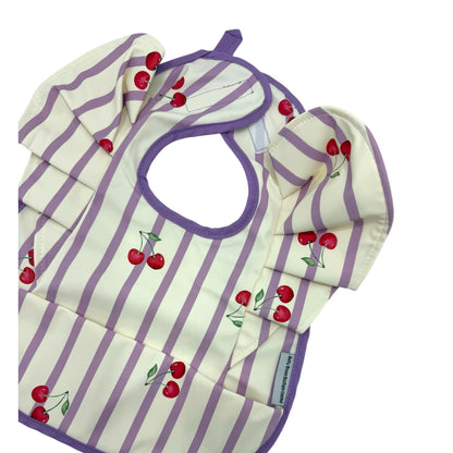 Lilac Pinstripe Cherry Pattern Frill Detailed Waterproof Weaning Bib