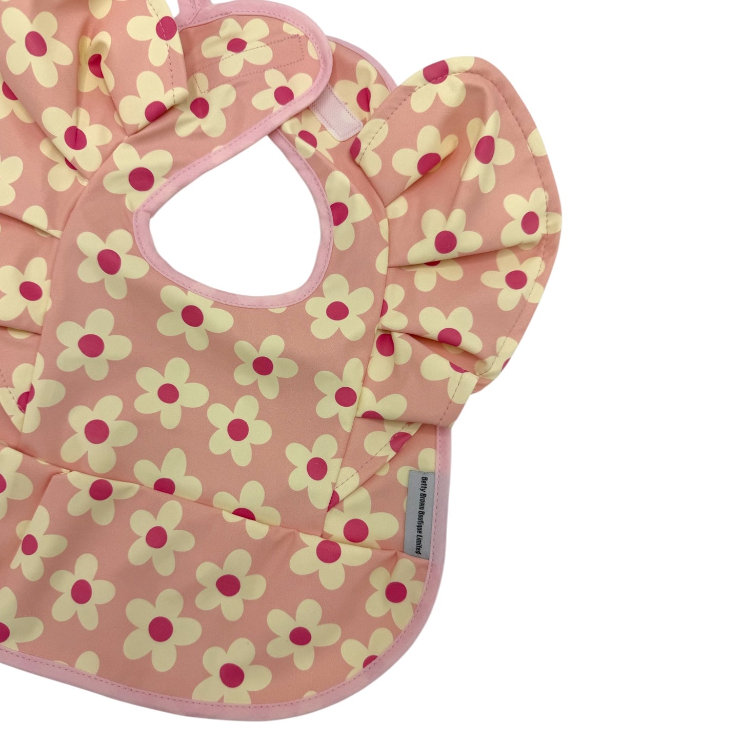 Pretty Pink Daisy Pattern Frill Detailed Waterproof Weaning Bib