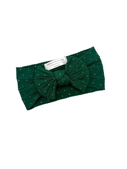 Bottle Green Gold Spot Smaller Bow Cable Knit Headband - Christmas Collection