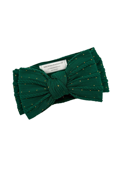 Bottle Green Gold Spot Larger Bow Cable Knit Headband - Christmas Collection 2022