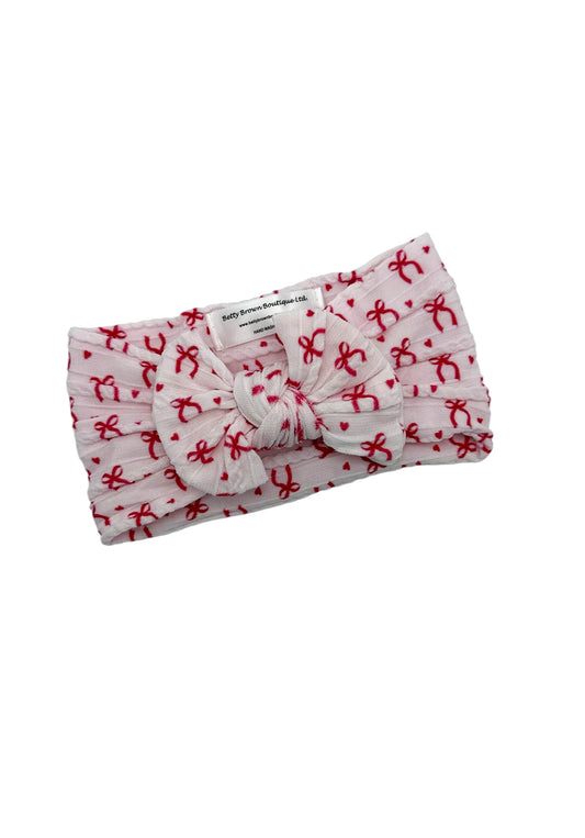 Light Pink and Red Bow Print Smaller Bow Cable Knit Headband - Christmas Collection 2025