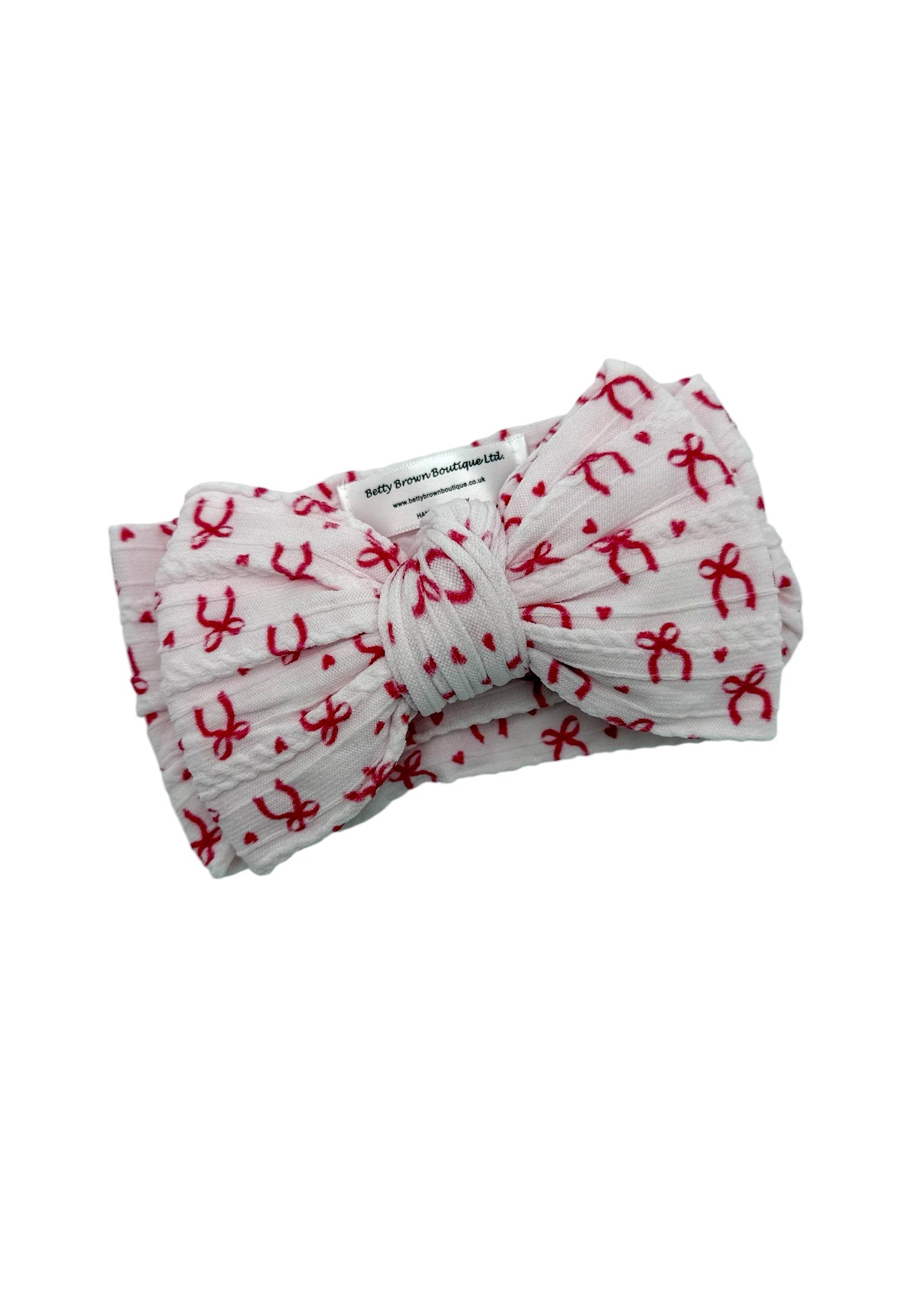Light Pink and Red Bow Print Larger Bow Cable Knit Headband - Christmas Collection 2025