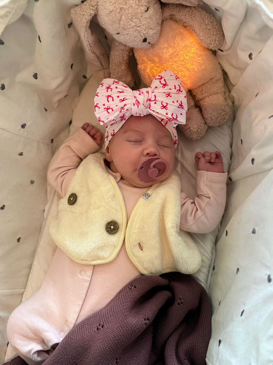 Light Pink and Red Bow Print Larger Bow Cable Knit Headband - Christmas Collection 2025