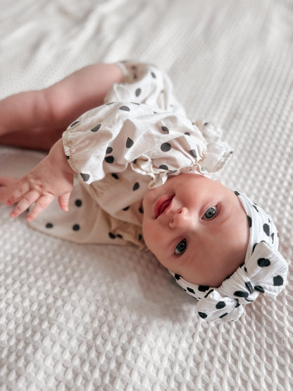 Black Polkadot Pattern Smaller Bow Cable Knit Headband