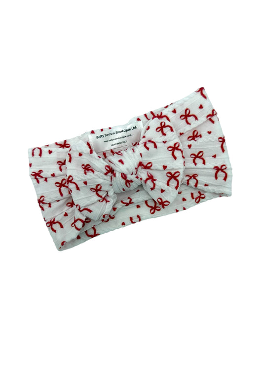 White and Red Bow Print Smaller Bow Cable Knit Headband - Christmas Collection 2025