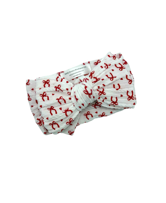 White and Red Bow Pattern Larger Bow Cable Knit Headband - Christmas 2025