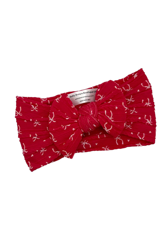 Red Bow Print Smaller Bow Cable Knit Headband - Christmas Collection 2025