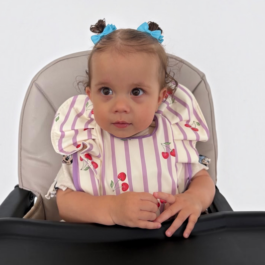 Lilac Pinstripe Cherry Pattern Frill Detailed Waterproof Weaning Bib