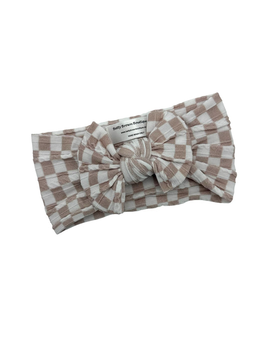Neutral Checkered Pattern Smaller Bow Cable Knit Headband