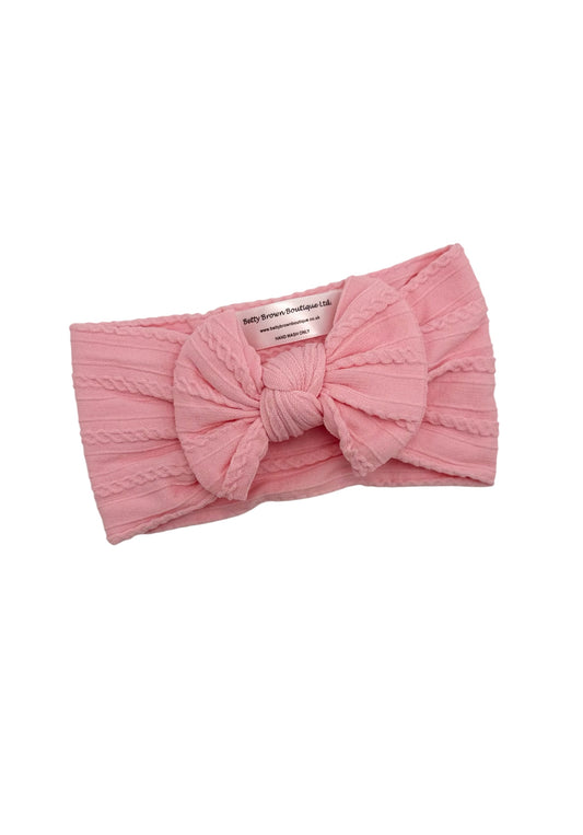 Flamingo Pink Smaller Bow Cable Knit Headband