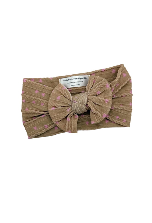 Brown and Pink Heart Pattern Smaller Bow Cable Knit Headband