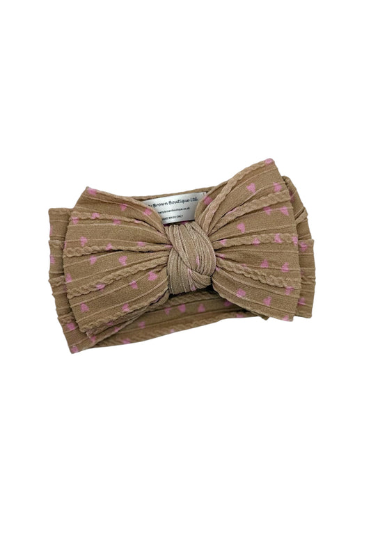 Brown and Pink Hearts Pattern Larger Bow Cable Knit Headband