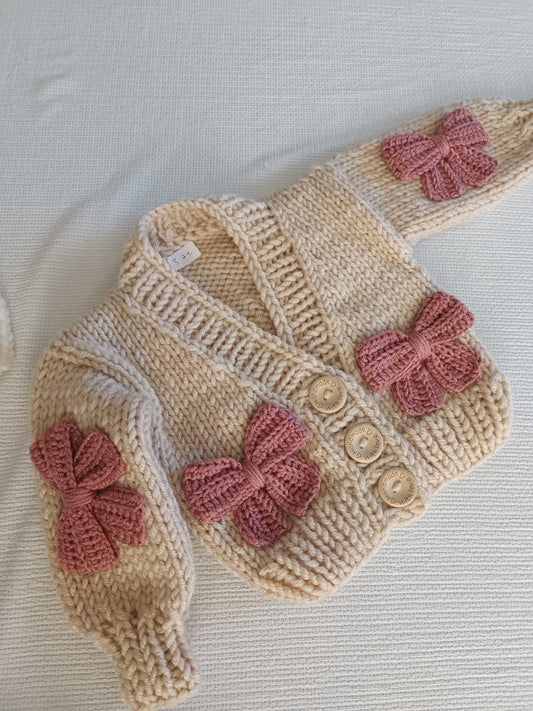 Handknitted Bow Patterned Cardigan - Latte/Pink