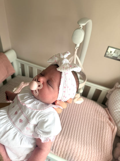 Pink and White Heart Pattern Smaller Bow Cable Knit Headband  - Valentines Collection