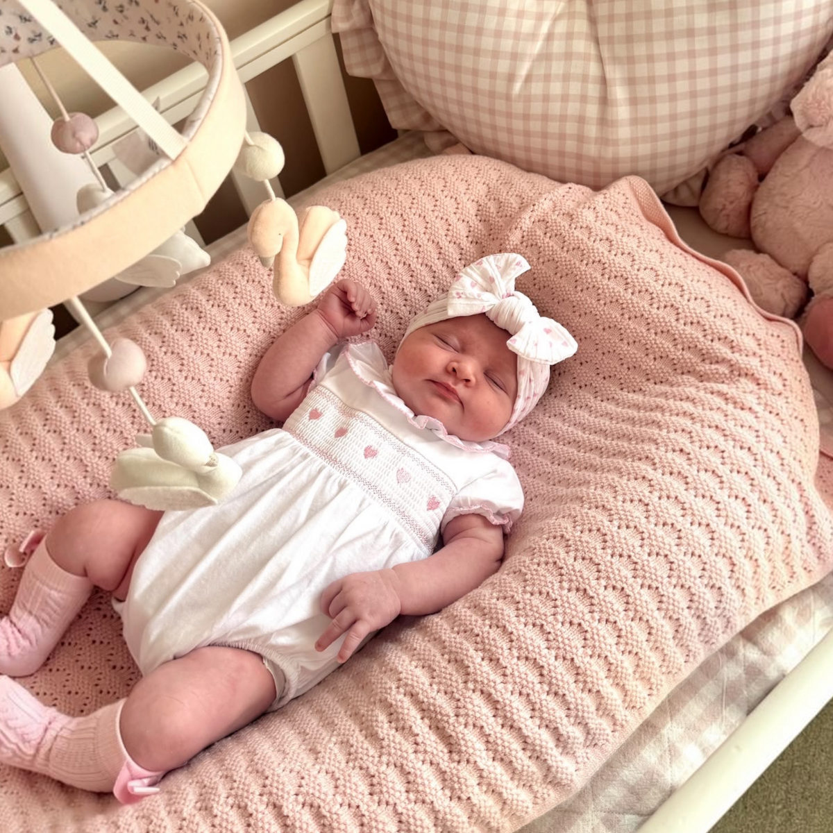 Pink and White Heart Pattern Smaller Bow Cable Knit Headband  - Valentines Collection