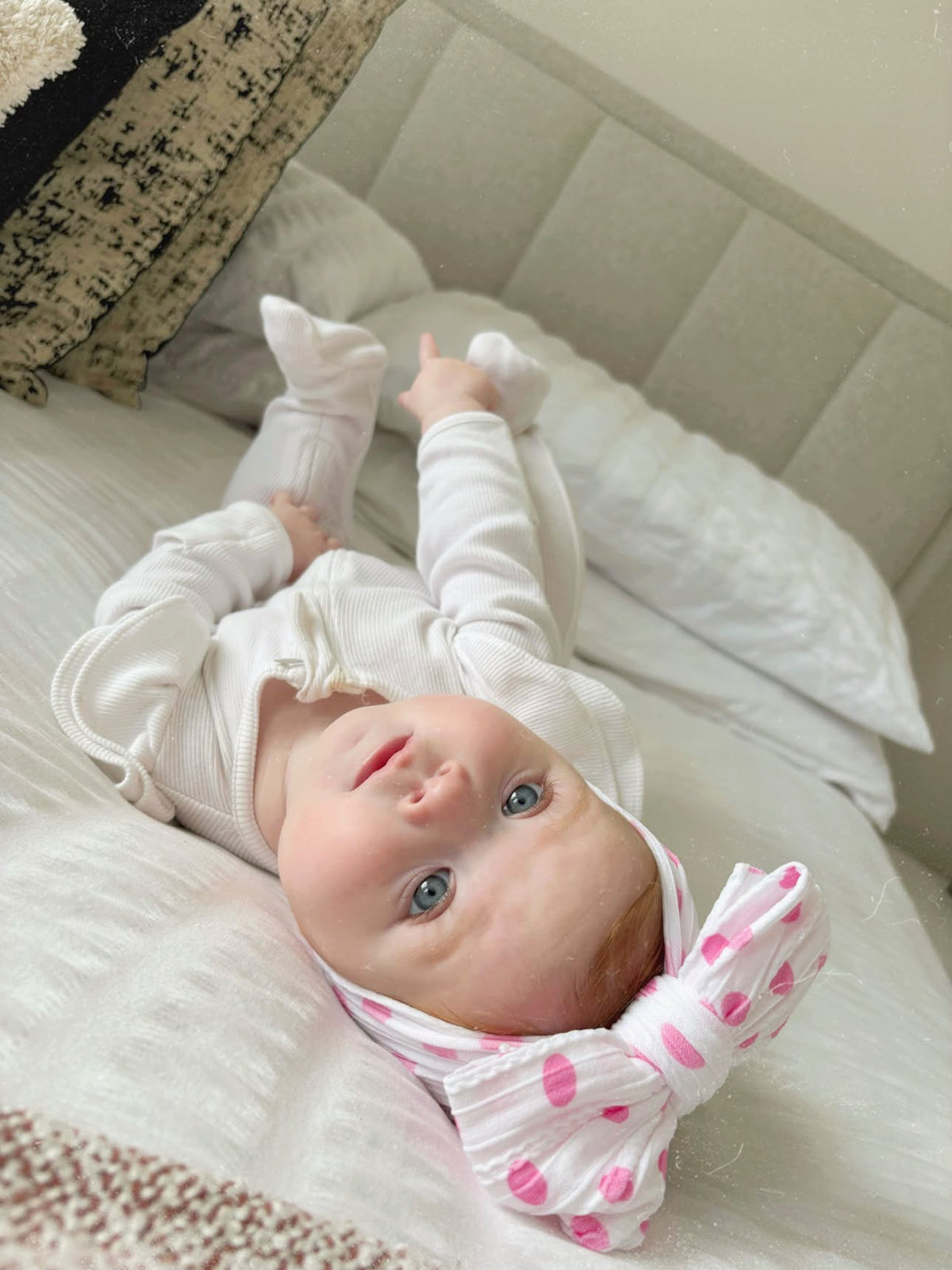 Pink Polkadot Larger Bow Cable Knit Headband