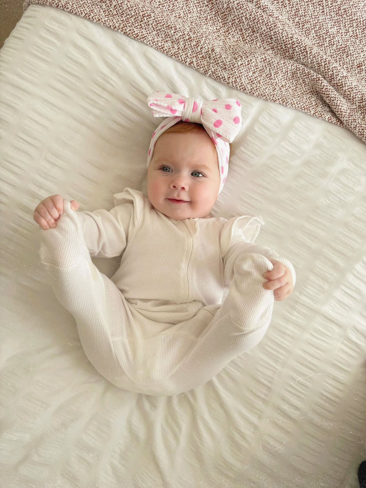Pink Polkadot Larger Bow Cable Knit Headband