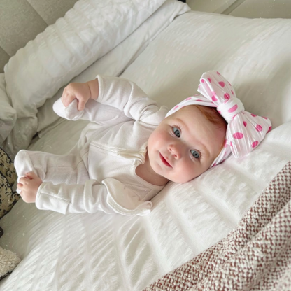 Pink Polkadot Larger Bow Cable Knit Headband