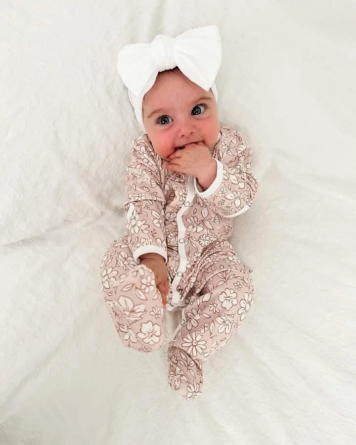 Beige Floral Frill Detail Sleepsuit - Betty Brown Boutique Ltd