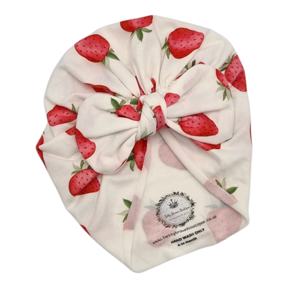 Imperfection - White Strawberry Print Turban Hat With Bow