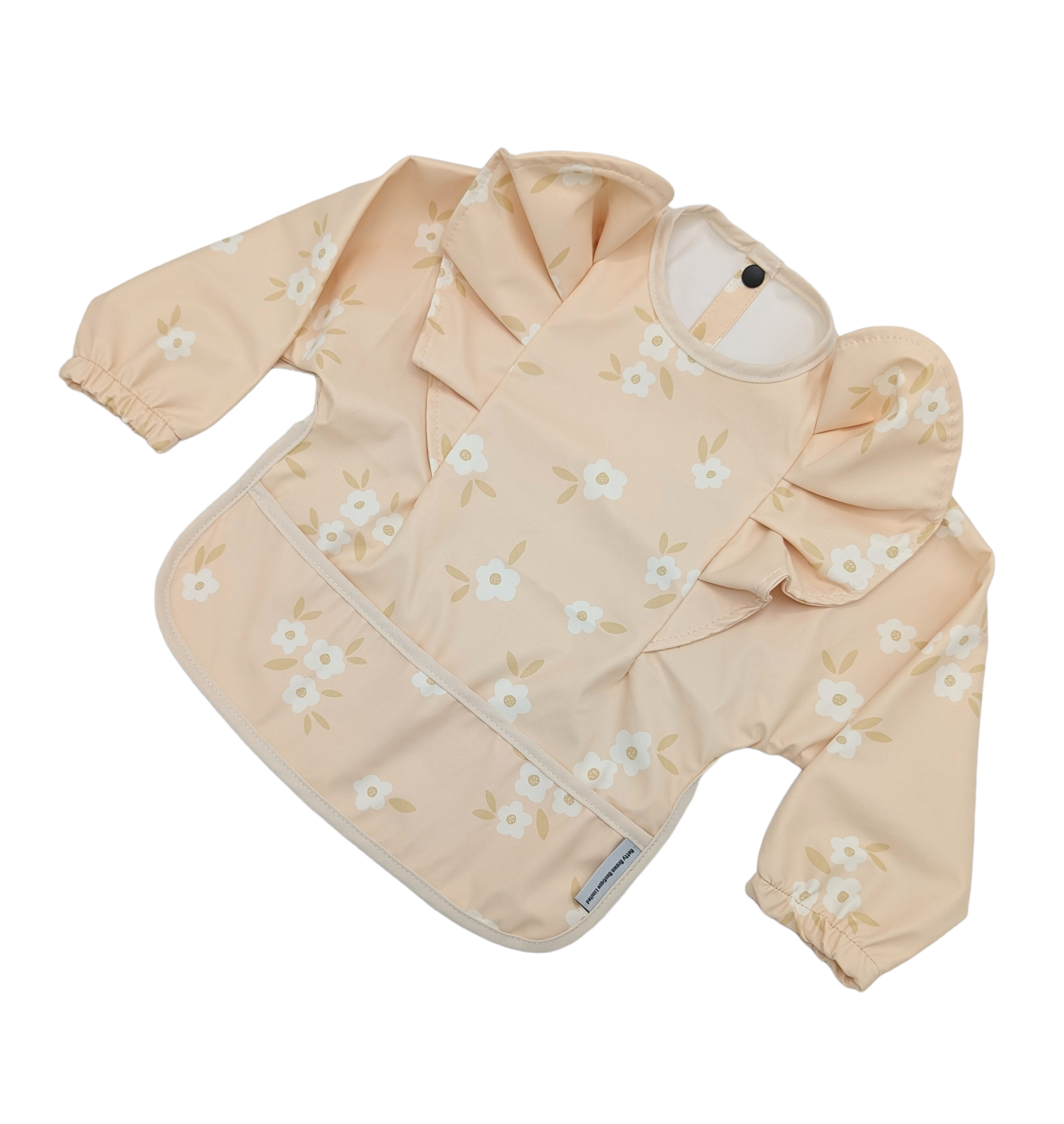 Peach Ditsy Floral Print Frill Detail Waterproof Bib with sleeves - Betty Brown Boutique Ltd