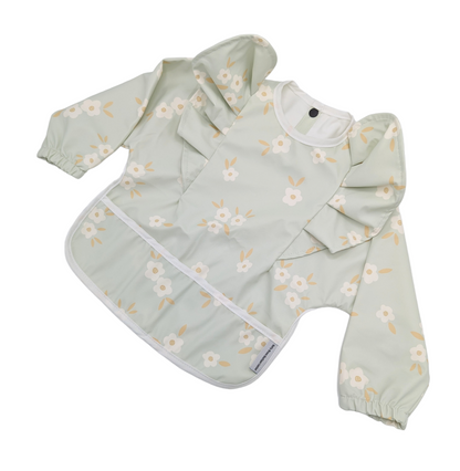 Aqua Ditsy Floral Print Frill Detail Waterproof Bib with sleeves - Betty Brown Boutique Ltd