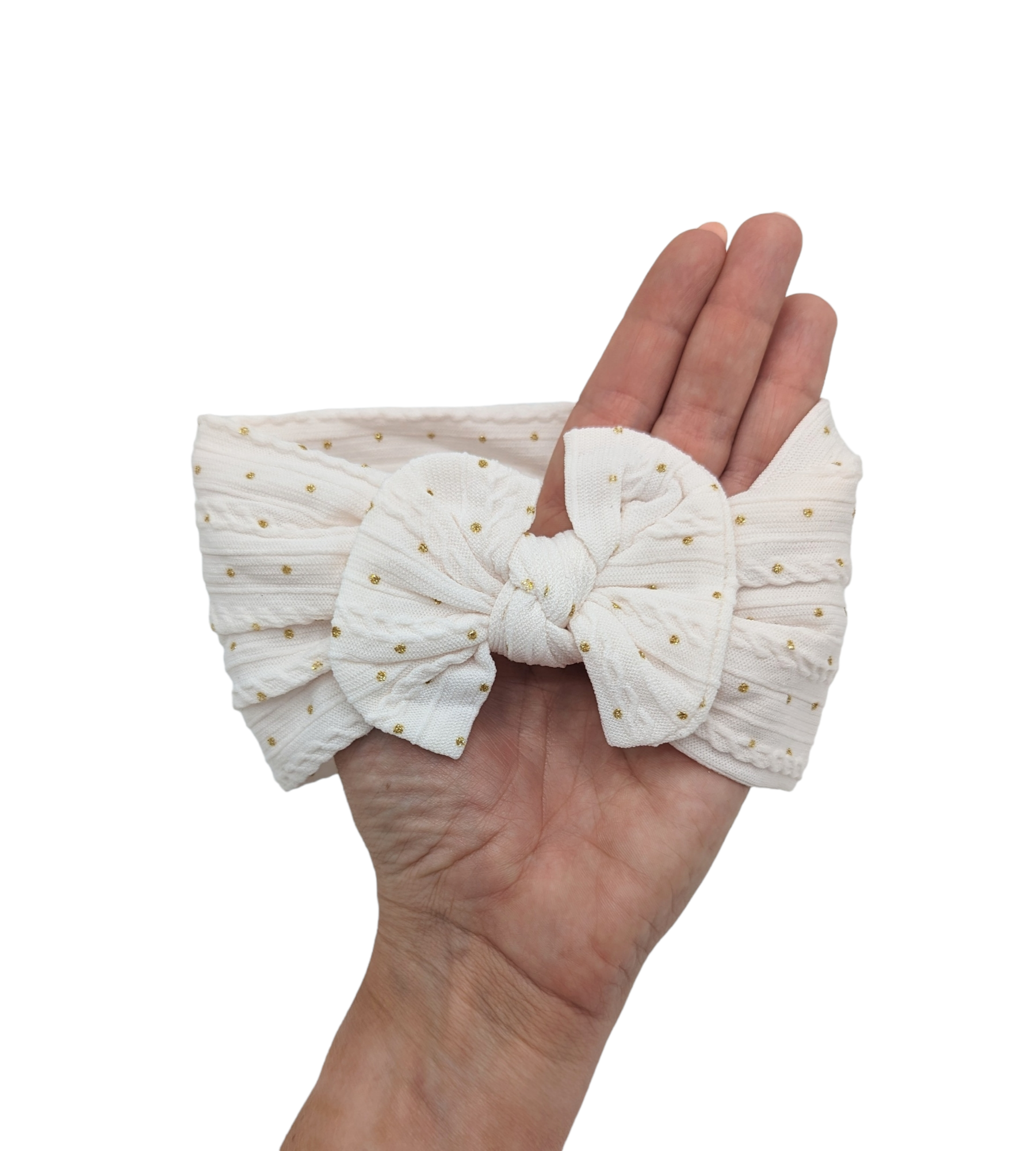 Egg Shell Gold Spot Smaller Bow Cable Knit Headwrap - Betty Brown Boutique Ltd