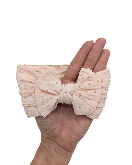 Ballet Pink Gold Spot Smaller Bow Cable Knit Headwrap - Betty Brown Boutique Ltd