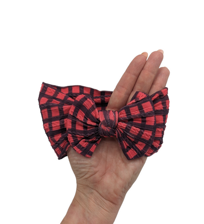 Red and Black Gingham Smaller Bow Cable Knit Headwrap - Betty Brown Boutique Ltd